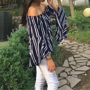 Navy and White Off the Shoulder Top with Bell Sleeves